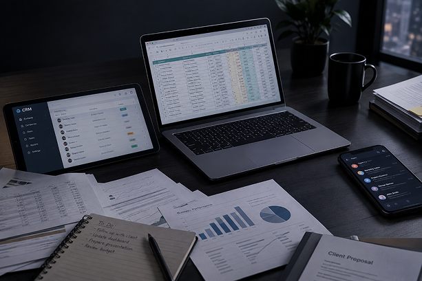 A dim desk where the same business data is split across a spreadsheet on a laptop, a CRM on a tablet, a phone and loose printed charts